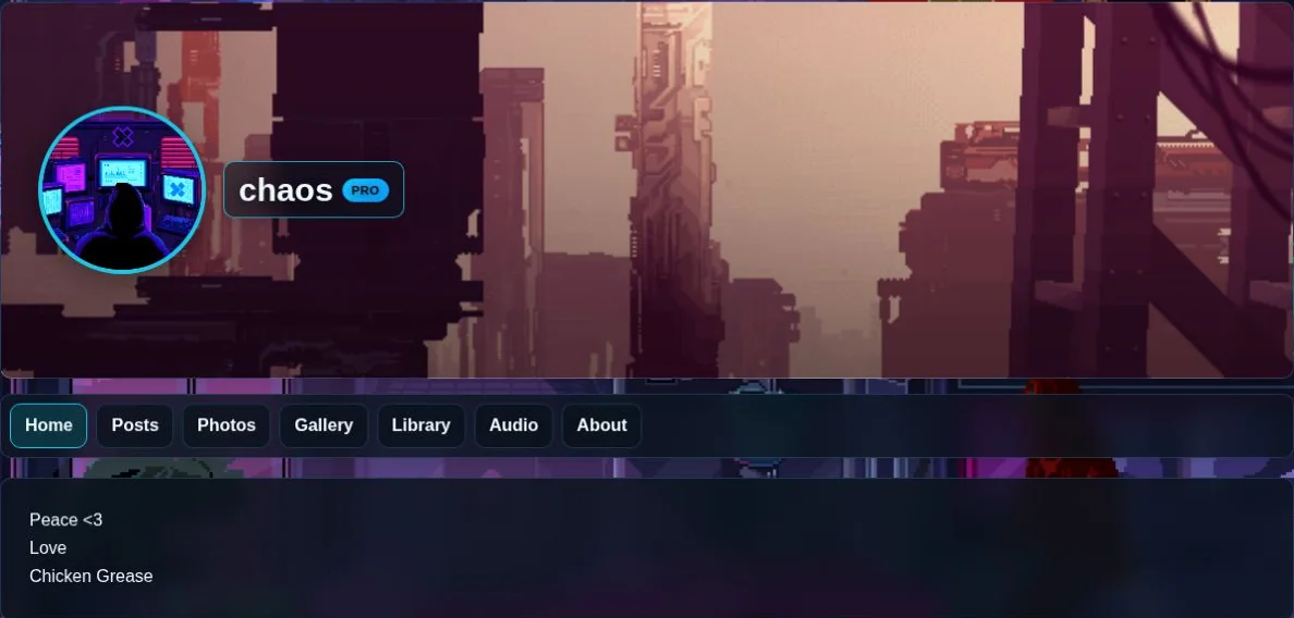 Chaos’s space: a pixel-art city, dark panels, and bright blue accents